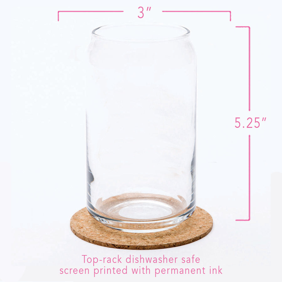 Clear glass with dimensions indicated, describing top-rack dishwasher safe features and permanent ink printing, designed by Counter Couture.