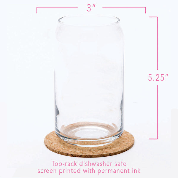 Clear glass with dimensions indicated, describing top-rack dishwasher safe features and permanent ink printing, designed by Counter Couture.