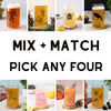 Variety of Mix and Match can-shaped beer glasses showcasing original designs like a Sasquatch, antlers, and a bee, with a vibrant selection of drinks inside.