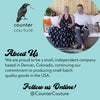 The image is a collage featuring a couple sitting on a couch with their dogs, and there is a bird logo in the top left corner. The text below the image provides information about the company, stating that they are proud to be a small, independent company based in Denver, Colorado, continuing their commitment to producing small-batch quality goods in the USA. The text also encourages followers to follow them online at @CounterCouture.