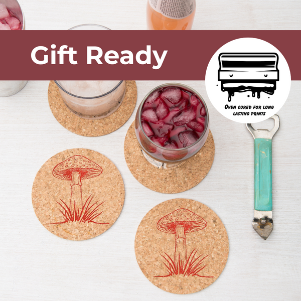 a collection of coasters, a glass with a red liquid, and a bottle opener on a white surface.