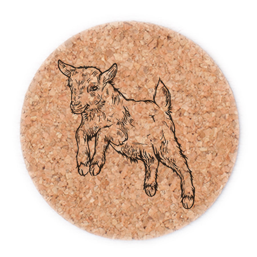 Hand-printed baby goat cork coasters by Counter Couture featuring a jumping baby goat illustration, perfect for protecting tabletops.