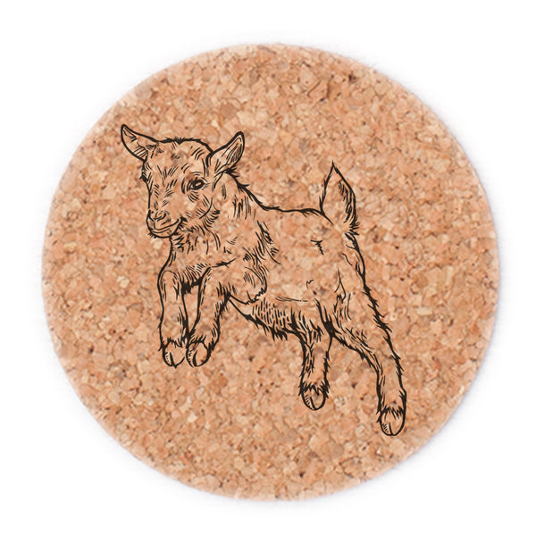 Hand-printed baby goat cork coasters by Counter Couture featuring a jumping baby goat illustration, perfect for protecting tabletops.