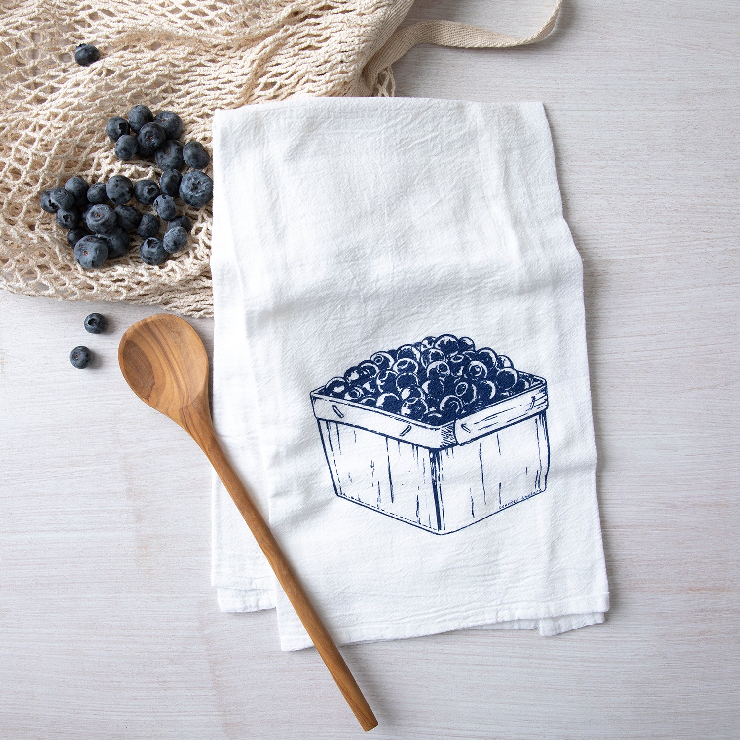 a tea towel with blueberries in a wooden box - fruit gift - fruit lover - blueberry gift - blue decor - kitchen decor