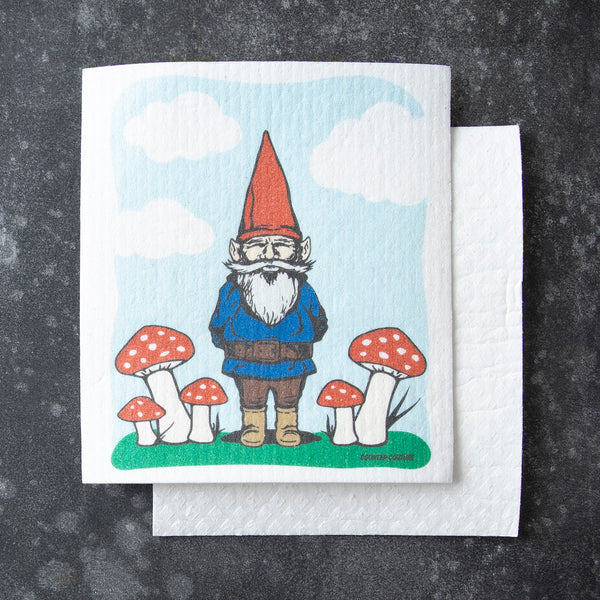 Colorful Gnome Swedish Dish Cloth showcasing a whimsical gnome design, perfect for eco-friendly kitchen cleaning.