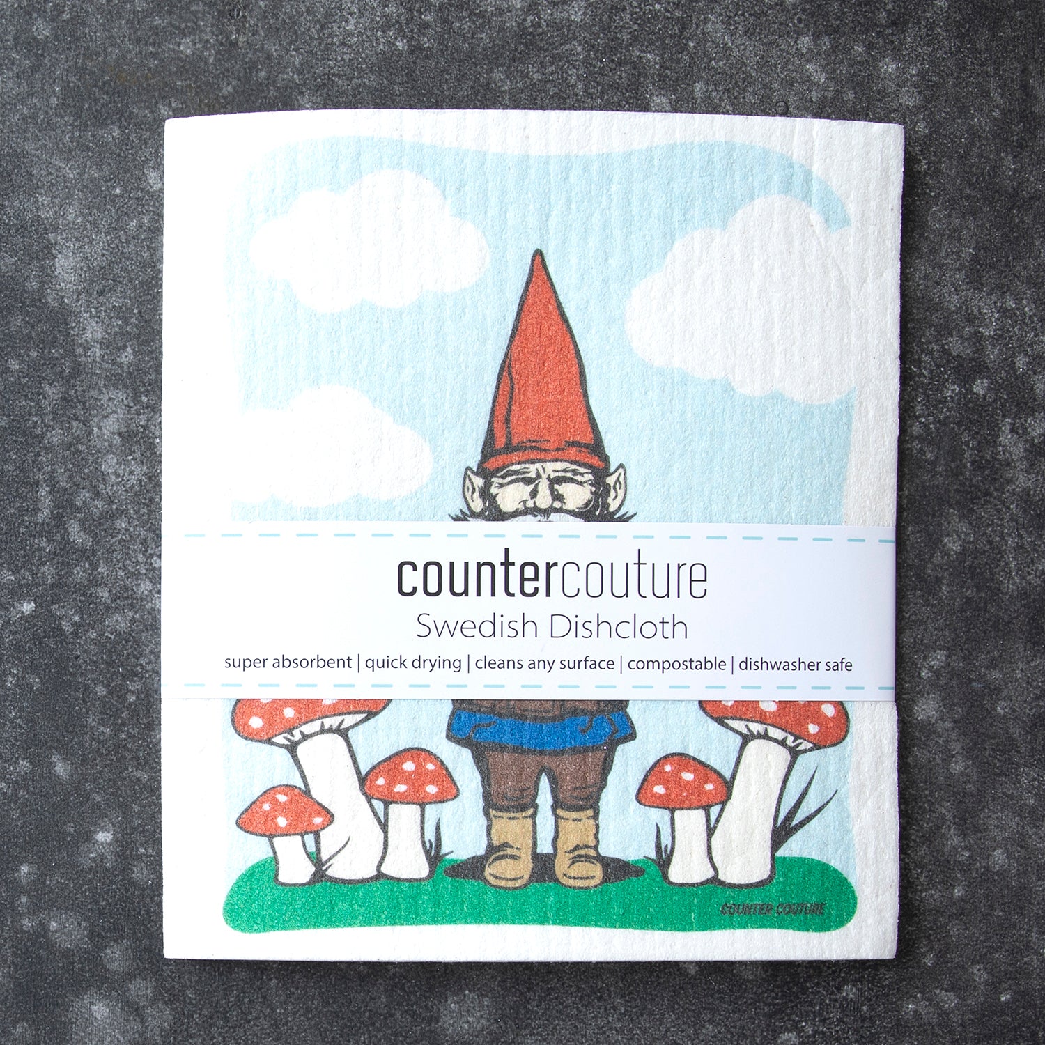 Close-up view of Gnome Swedish Dish Cloth featuring vibrant colors and a charming gnome illustration, ideal for everyday use.
