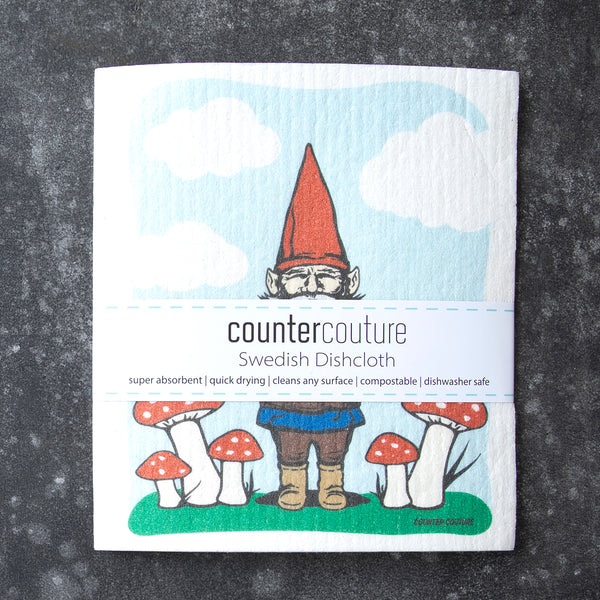 Close-up view of Gnome Swedish Dish Cloth featuring vibrant colors and a charming gnome illustration, ideal for everyday use.