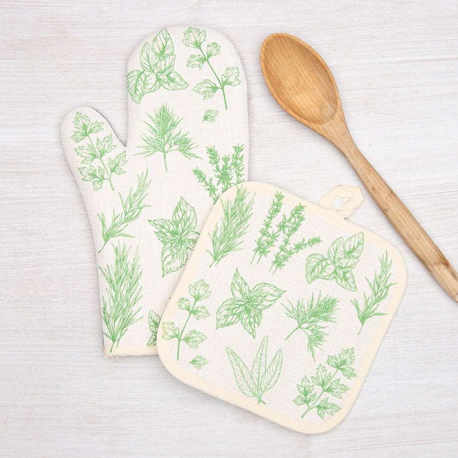 Herb Print oven Mitt and Potholder