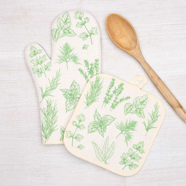Herb Print oven Mitt and Potholder