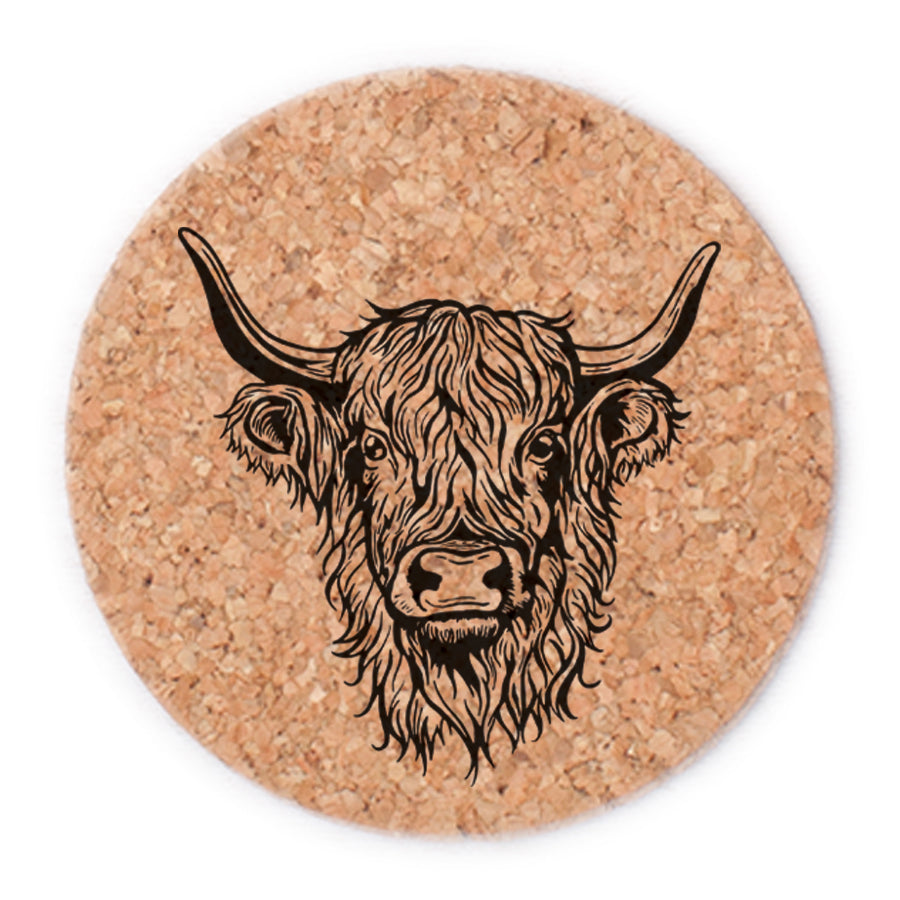 Hand-printed Highland Cow cork coasters by Counter Couture, perfect for protecting your tabletops in style.
