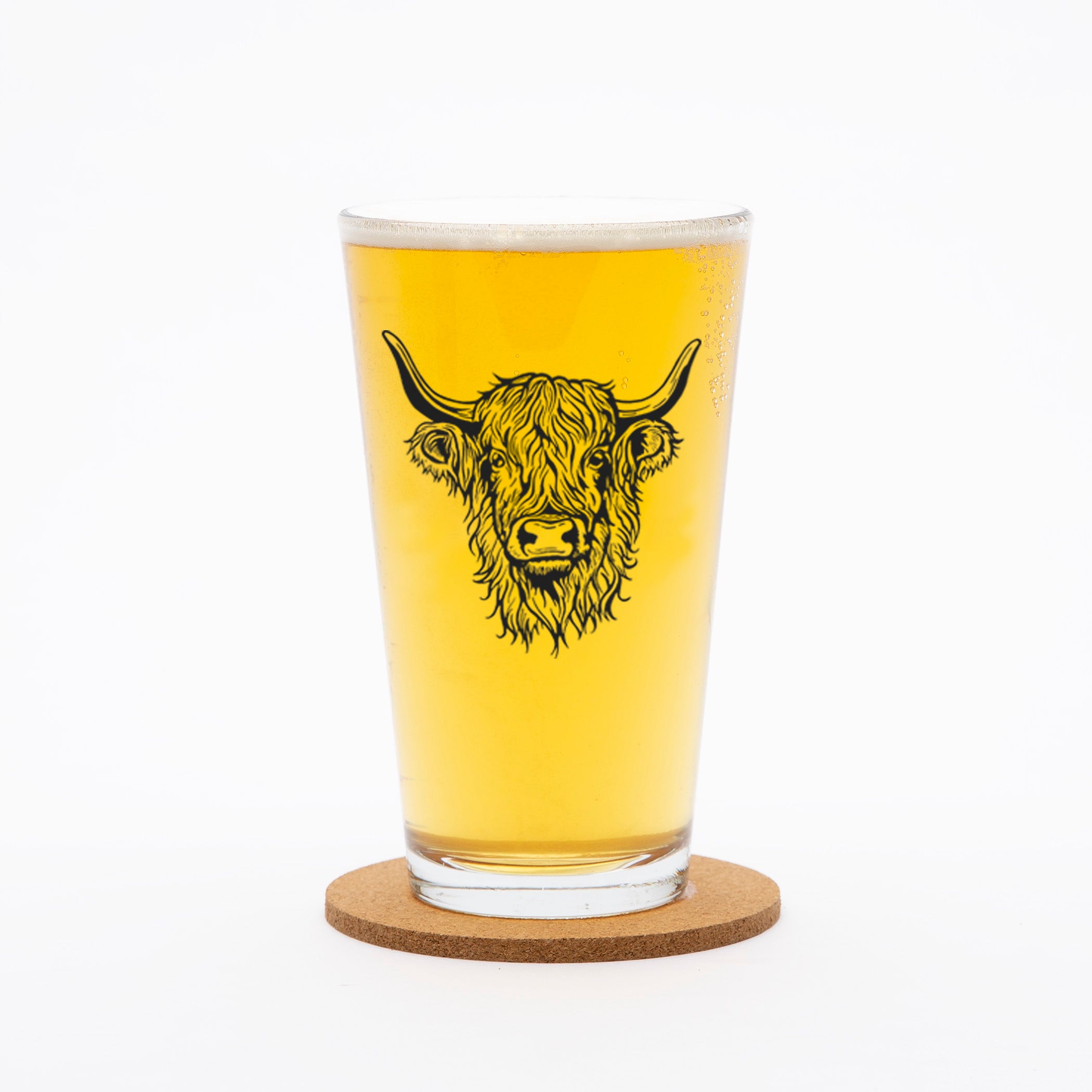 Counter Couture Highland Cow Pint Glass - 16 OZ showcasing a charming hand-drawn cow design, perfect for beer lovers and dishwasher safe pint glass.