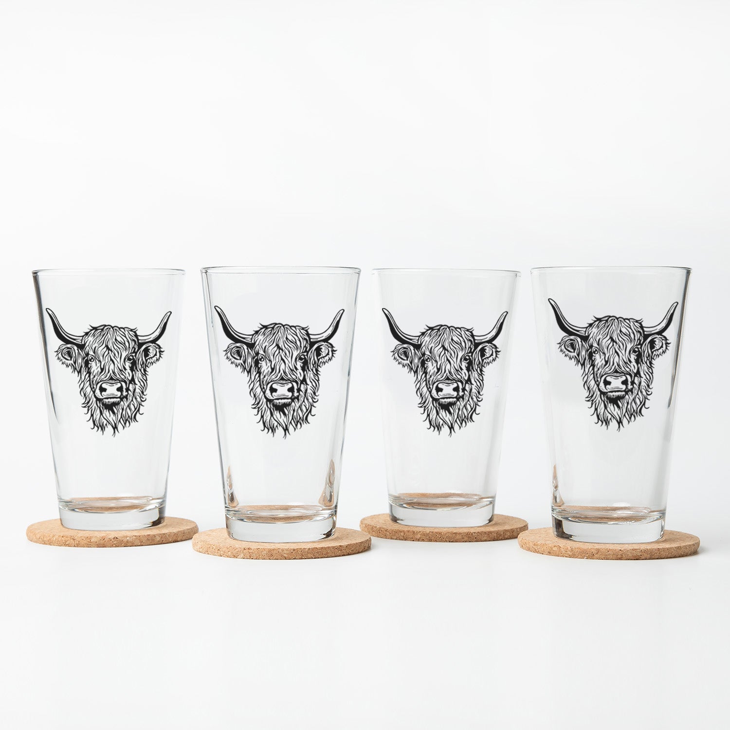Counter Couture's 16 OZ Highland Cow Pint Glass featuring a unique design, the ultimate dishwasher safe pint glass for beer enthusiasts.