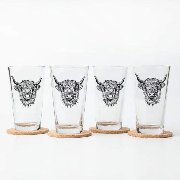 Counter Couture's 16 OZ Highland Cow Pint Glass featuring a unique design, the ultimate dishwasher safe pint glass for beer enthusiasts.