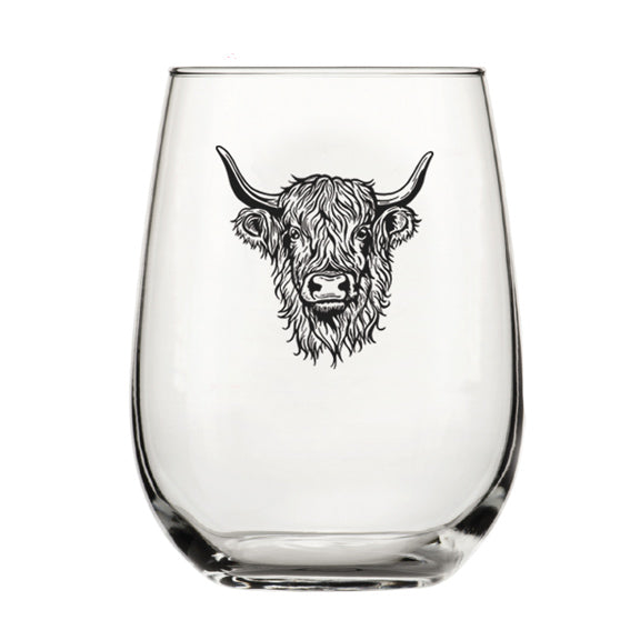 Highland Cow 17 oz Stemless Wine Glass featuring a charming illustration of a Highland Cow, perfect for adding a stylish touch to your next gathering. This dishwasher safe Highland Cow stemless wine glass is designed for convenience and elegance.