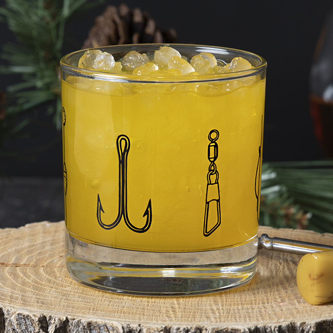 Close-up of the Lures Rocks Glass showcasing the vibrant black ink print that is heat-set for durability.
