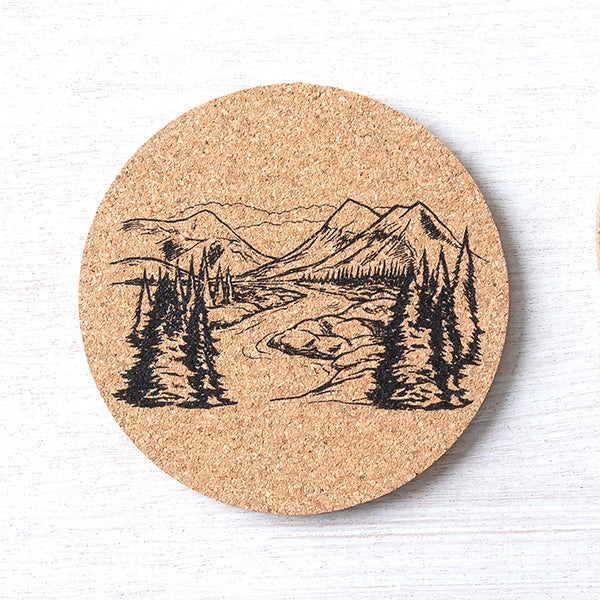 Hand-printed Mountains Cork Coaster designed in Denver, CO, ideal for housewarming gifts and home decor.