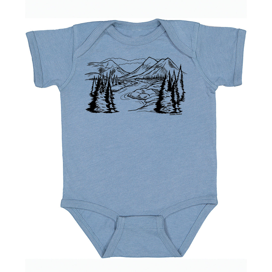 Mountains Baby Bodysuit in slate blue color made from 100% combed ring-spun cotton, featuring eco-friendly black ink design for babies aged 3-18 months.
