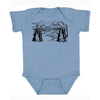 Mountains Baby Bodysuit in slate blue color made from 100% combed ring-spun cotton, featuring eco-friendly black ink design for babies aged 3-18 months.