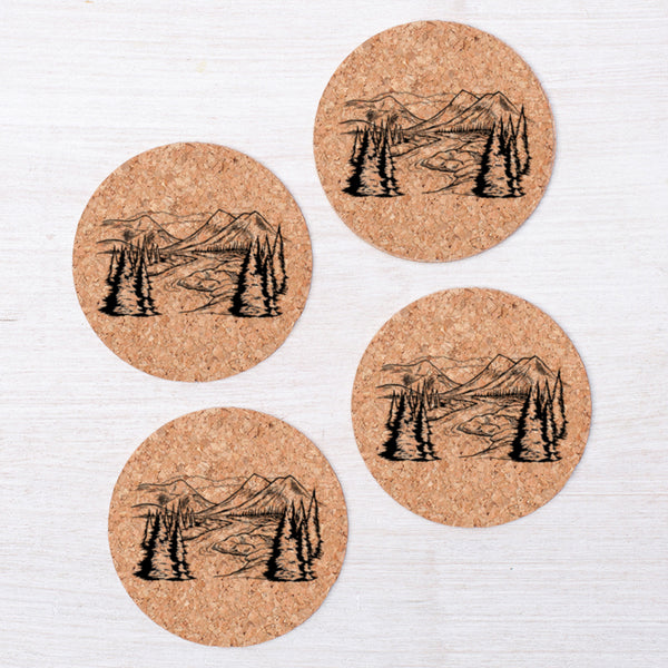 Mountains Cork Coaster featuring a hand-drawn illustration perfect for protecting tabletops from hot or cold beverages.