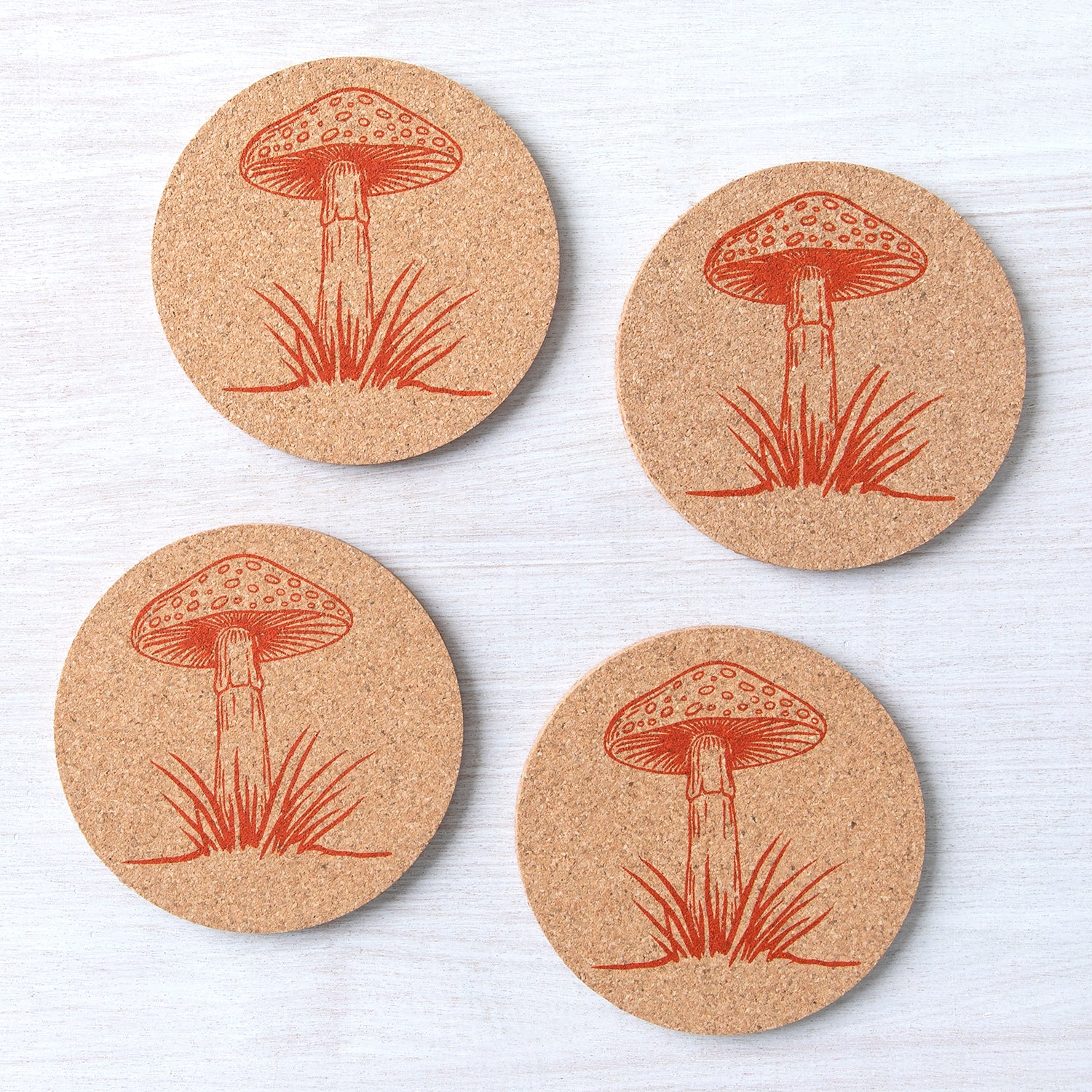 Mushroom Cork Coaster featuring a vibrant hand-drawn illustration, perfect for protecting tabletops from hot or cold beverages.