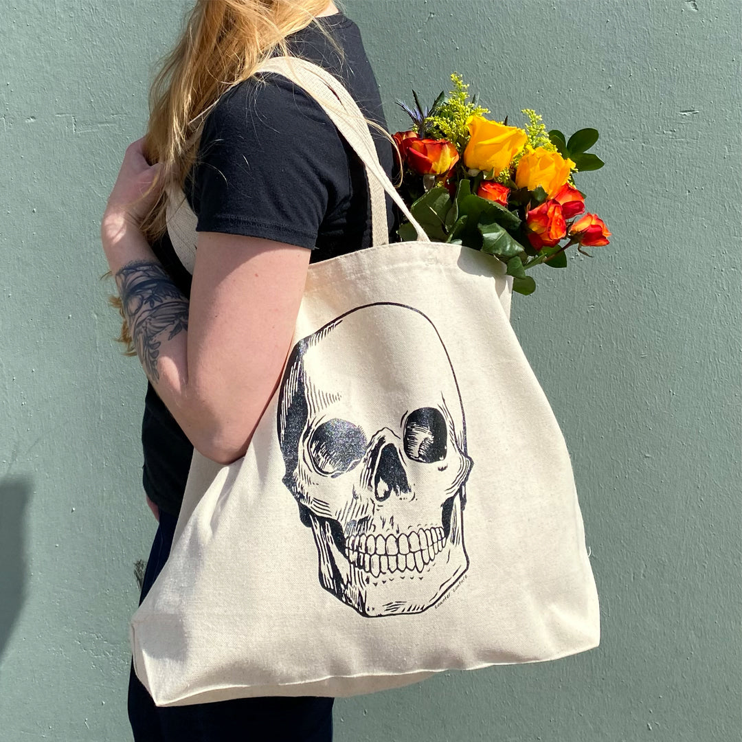 Fashionable Skull Printed Canvas Shopping Bag, Versatile