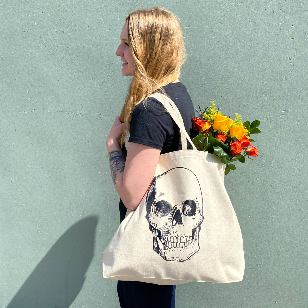 Skull Canvas Tote Bag - Reusable, Eco-Friendly, Shopping, Grocery, Gift, Market