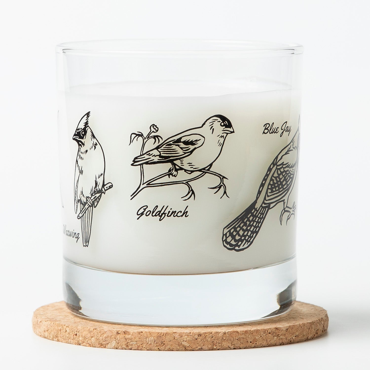 The elegant Birds Rocks Glass by Counter Couture showcases a design of assorted North American birds, ideal for serving whiskey or cocktails.
