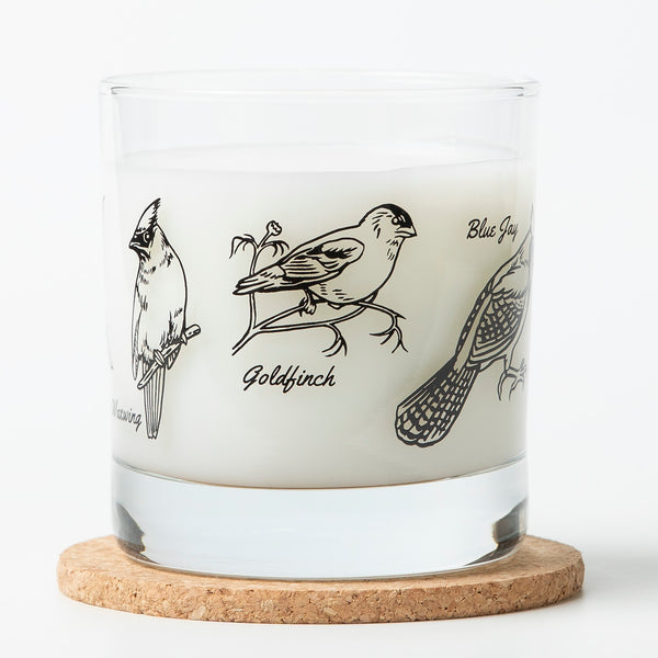 The elegant Birds Rocks Glass by Counter Couture showcases a design of assorted North American birds, ideal for serving whiskey or cocktails.