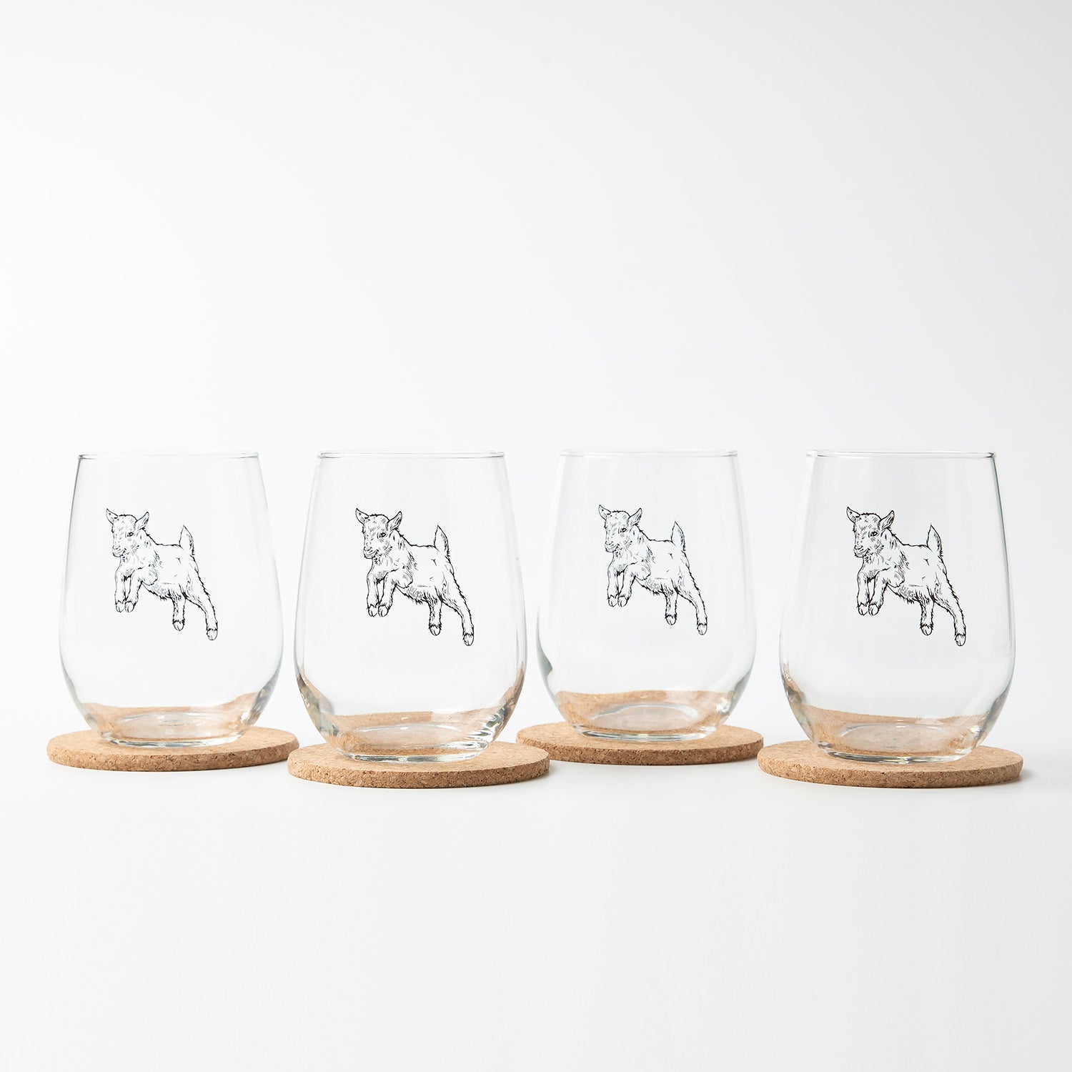 Group of Baby Goat Stemless Wine Glasses ready for a party, a must-have for casual gatherings.
