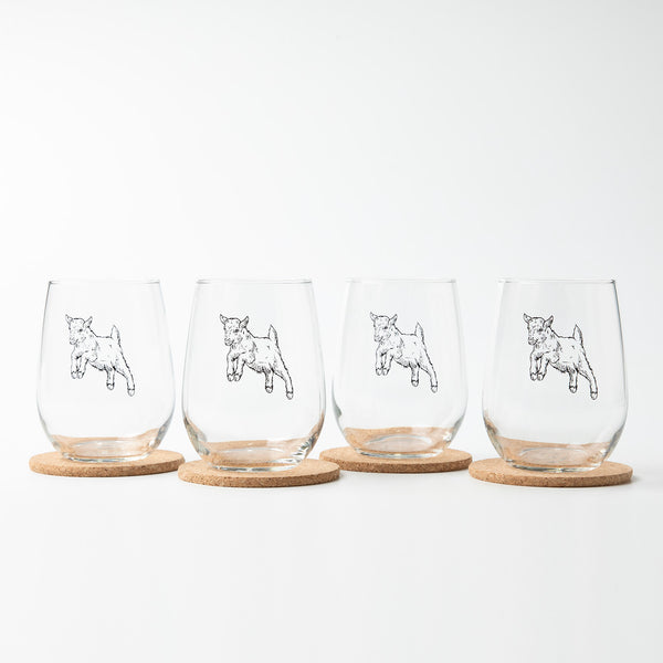 Group of Baby Goat Stemless Wine Glasses ready for a party, a must-have for casual gatherings.