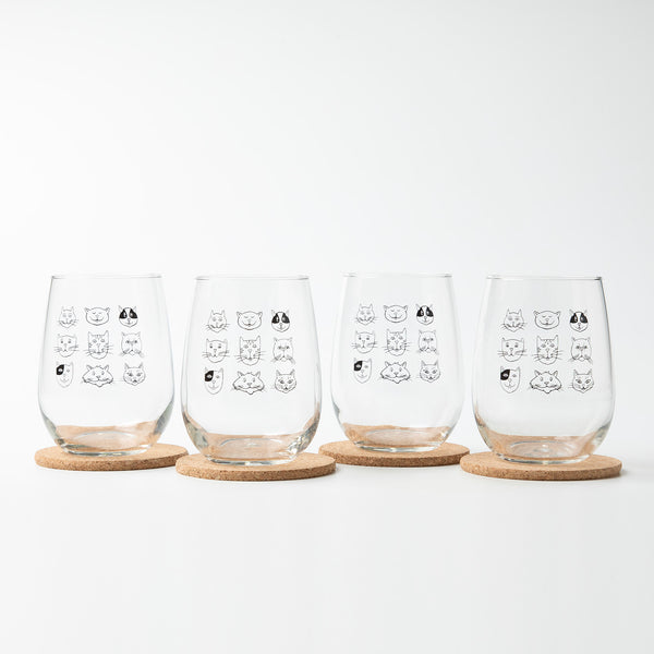 Elegant Cat Faces Stemless Wine Glass displaying whimsical silly cat faces, great for enjoying wine in style.