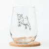 Close-up of the Baby Goat Stemless Wine Glass showcasing its unique print, ideal for entertaining.
