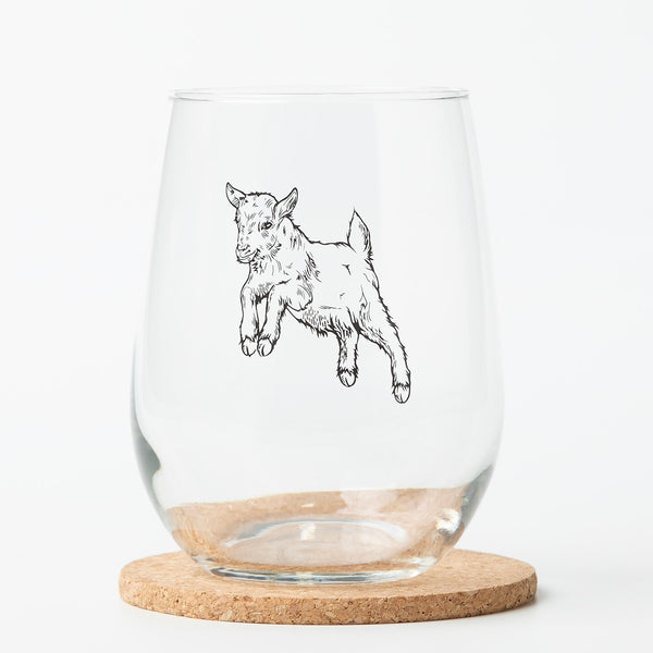 Close-up of the Baby Goat Stemless Wine Glass showcasing its unique print, ideal for entertaining.