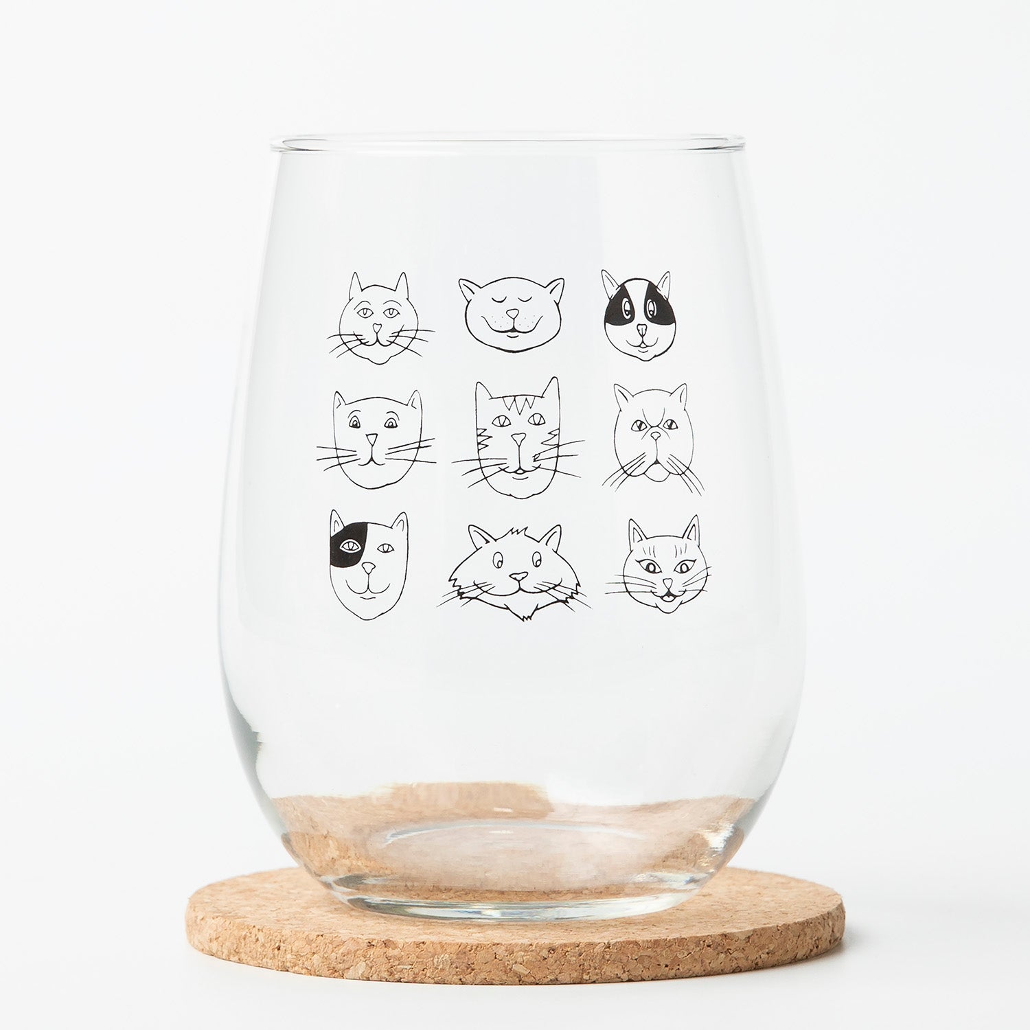 Close-up of the Cat Faces Stemless Wine Glass showcasing unique silly cat faces design, an ideal choice for parties.
