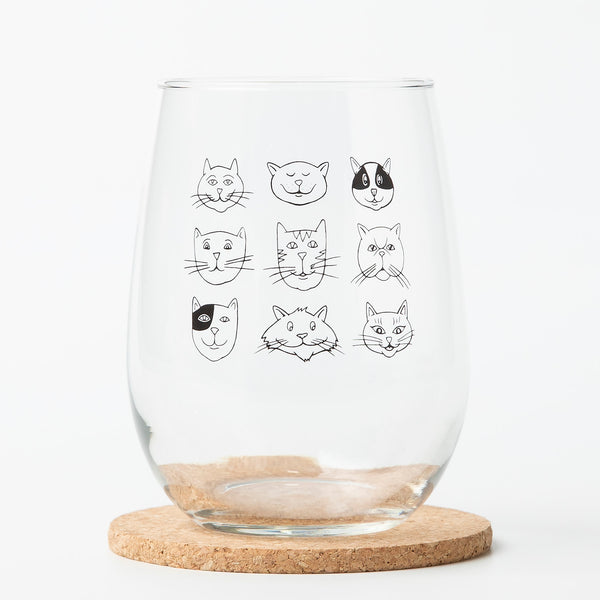 Close-up of the Cat Faces Stemless Wine Glass showcasing unique silly cat faces design, an ideal choice for parties.