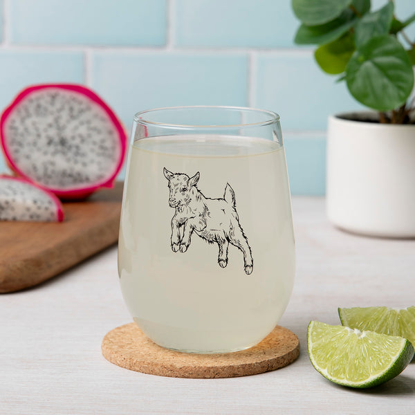 Stylish Baby Goat Stemless Wine Glass featuring a cute goat design, perfect for wine lovers.