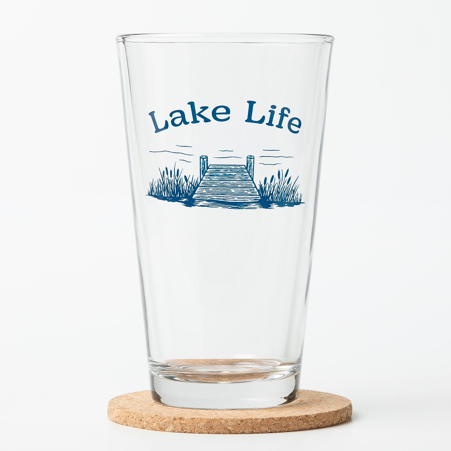 Close-up view of the Lake Life Pint Glass showcasing its screen-printed design, ideal for enjoying your favorite brews.