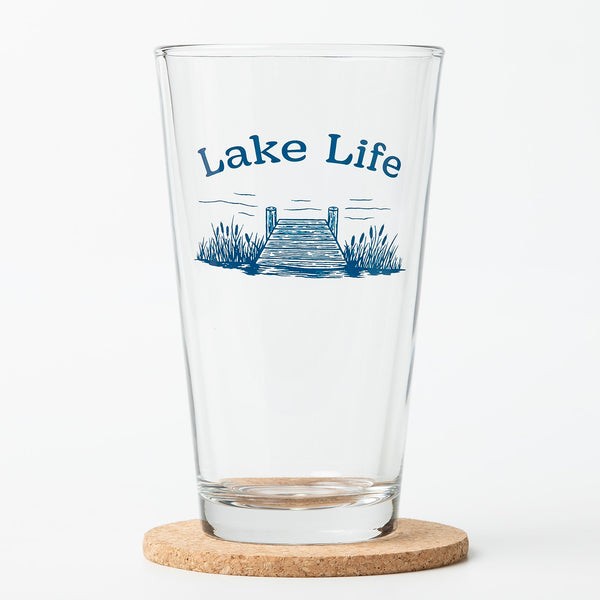 Close-up view of the Lake Life Pint Glass showcasing its screen-printed design, ideal for enjoying your favorite brews.