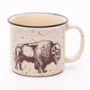 Cream-colored speckled ceramic mug with a black rim, featuring a hand-drawn illustration of a bison on the side.