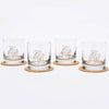 Set of four heart whiskey glasses on coasters with a white background.