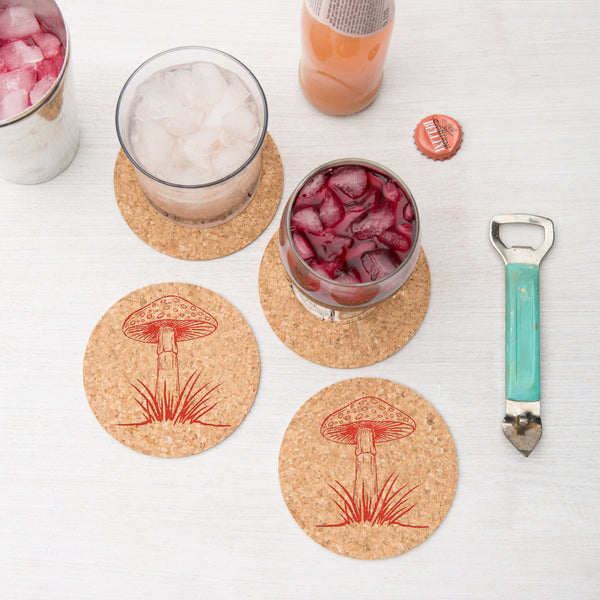 Close-up view of the Mushroom Cork Coaster's Burnt Orange ink and textured cork material, ideal for stylish home decor.