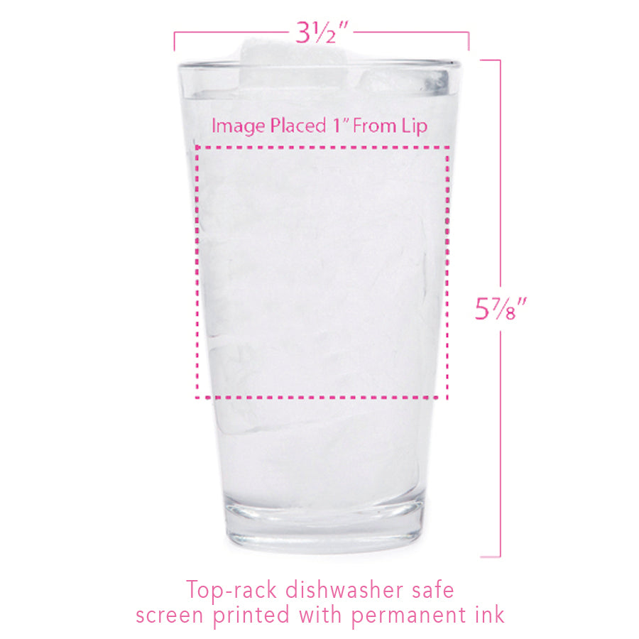 Pint glass with measurements and care instructions for dishwasher-safe, screen-printed design.