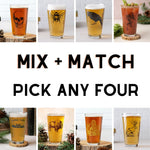 Mix and match pint glasses with unique graphic designs, pick any four offer