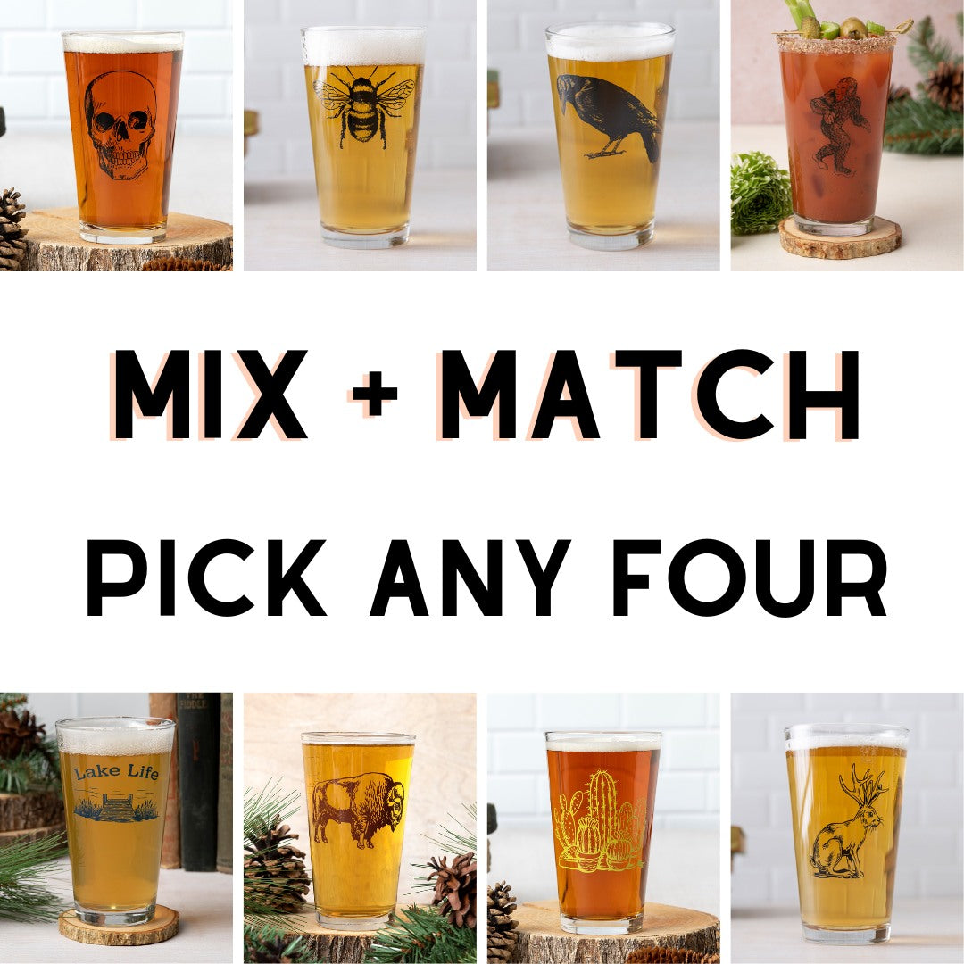 Mix and match pint glasses with unique graphic designs, pick any four offer