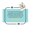 Customer review quote praising safe packaging and beautiful glassware, five star rating, photo of bee glass.