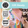 Woman in colorful striped shirt holding a chihuahua and bee-printed stemless glass, dishwasher safe, gift ready.