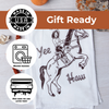 Cowgirl tea towel with Yee Haw print, made in USA, machine washable, gift ready