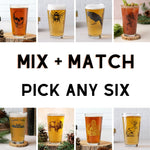 Mix and match pint glasses with unique animal and nature designs, pick any six options.