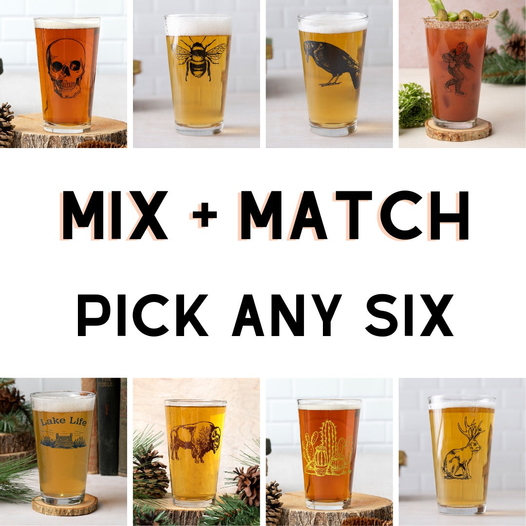 Mix and match pint glasses with unique animal and nature designs, pick any six options.