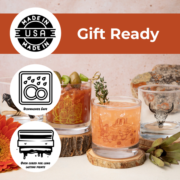 Gift ready etched glassware with desert and animal designs, made in USA, dishwasher safe